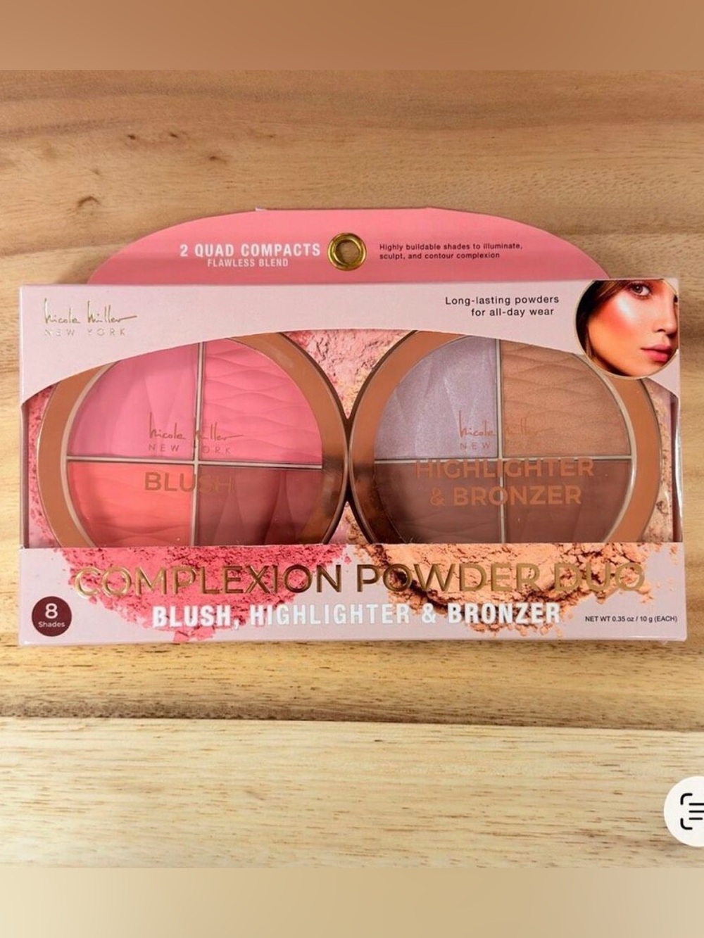 NWT Nicole Miller Complexion Powder Duo featuring 8 shades of blush, highlighter